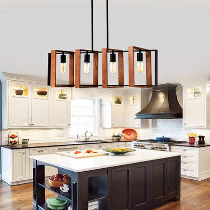 Rustic Wood And Black Metal 4-Light Kitchen Island Dining Room Light Fixture - - light