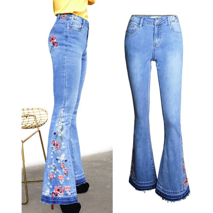 Women Stretch High Waist Embroidery Jeans Wide Leg Floral Denim Long Flared