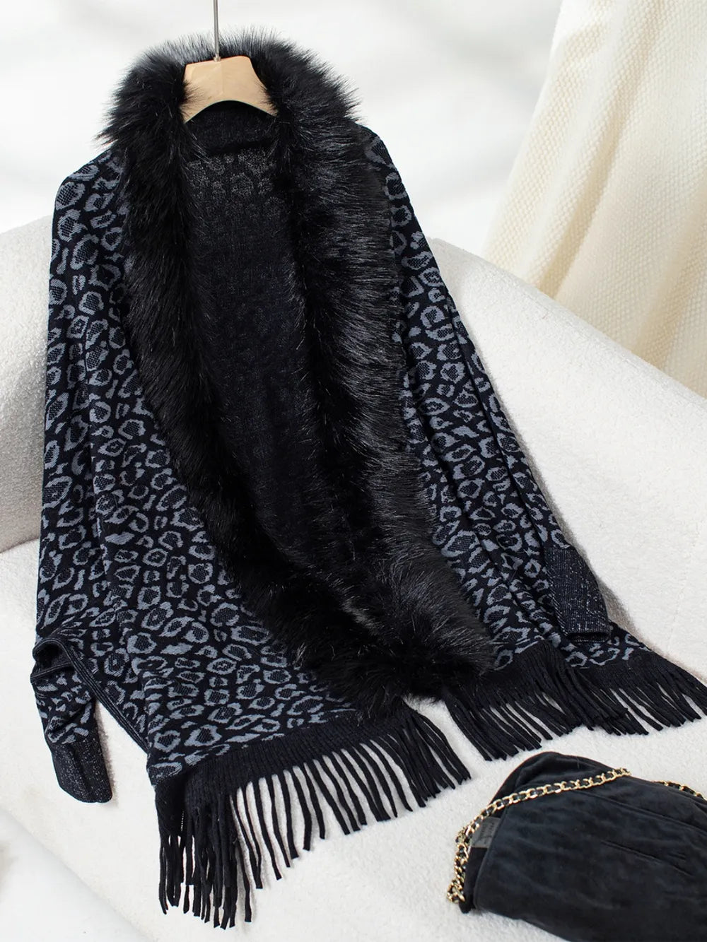 Fringe Leopard Open Front Long Sleeve Poncho - Black One Size -