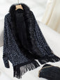 Fringe Leopard Open Front Long Sleeve Poncho - Black One Size -