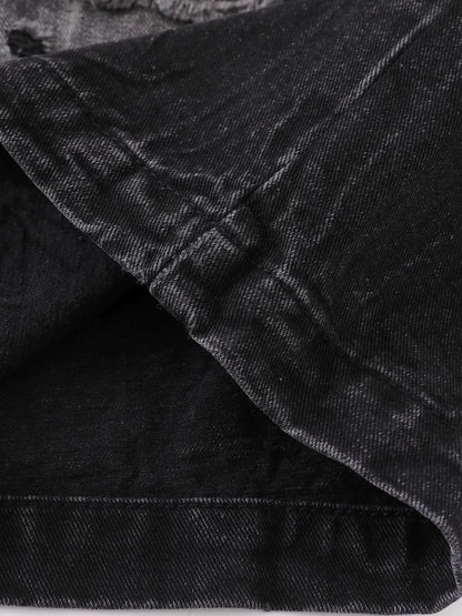Men's Distressed Denim Shorts with Plaid Patches - -