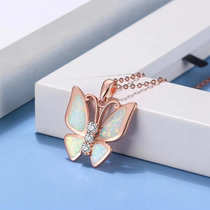 Silver Butterfly Synthetic Opal Pendant