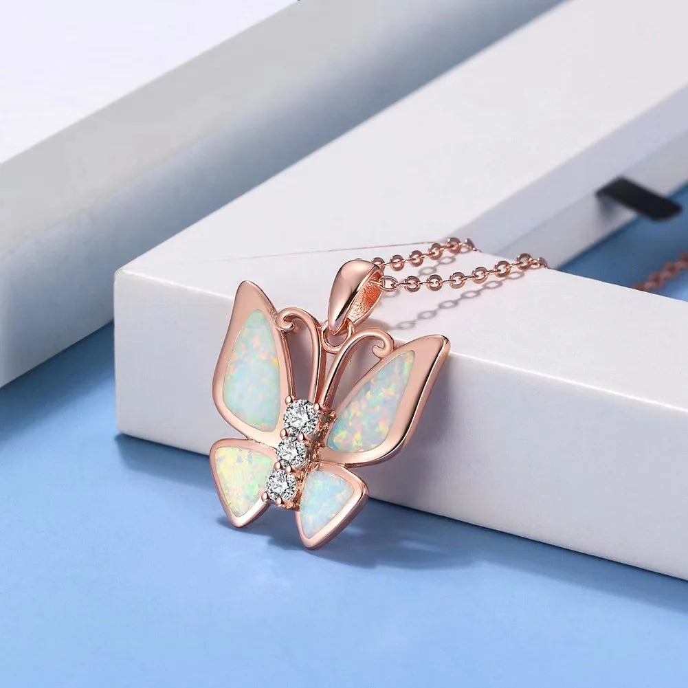 S925 Silver Butterfly Shape Synthetic Opal Pendant