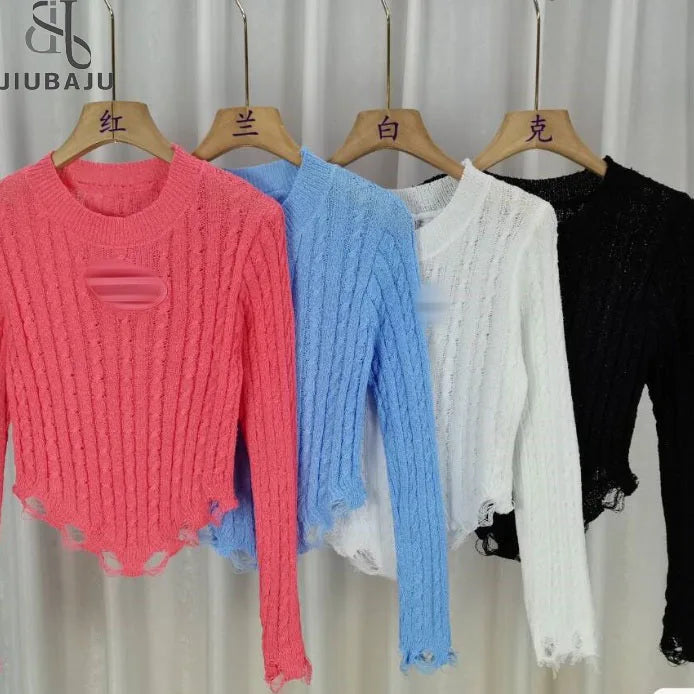 Women Long Sleeve O-Neck Solid Color Hollow Out Tassel Fringe Knitted Shirt