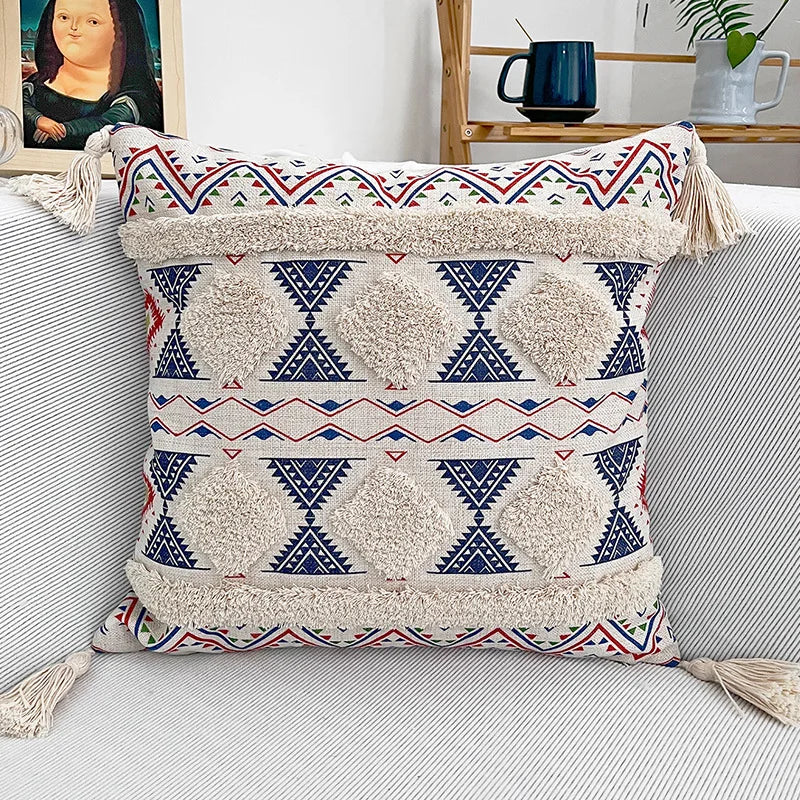 Colorful Tassel Tufted Throw Pillow Cover Geometric Pattern Pillowcase