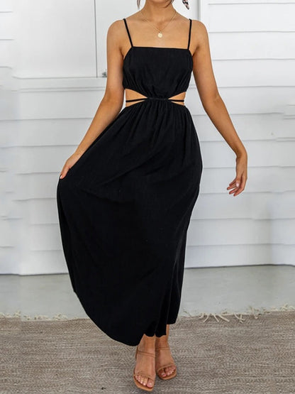 Lace-up Waist Collar Sling Cotton and Linen Dress - Black XL - dress