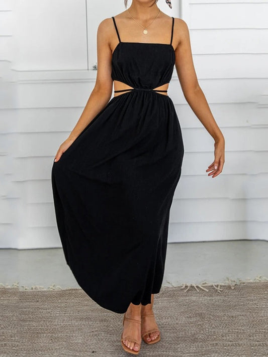 Lace-up Waist Collar Sling Cotton and Linen Dress - Black XL - dress