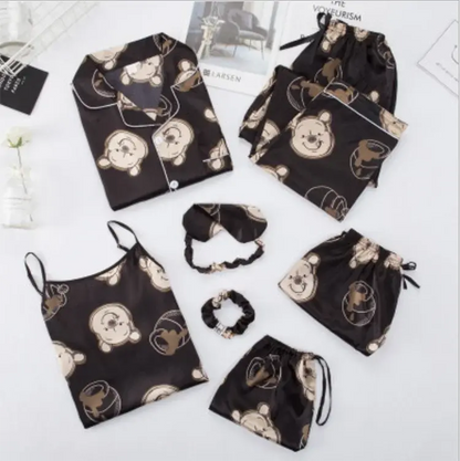 7pc Long Sleeve Pajama Sleepwear Sets black tan