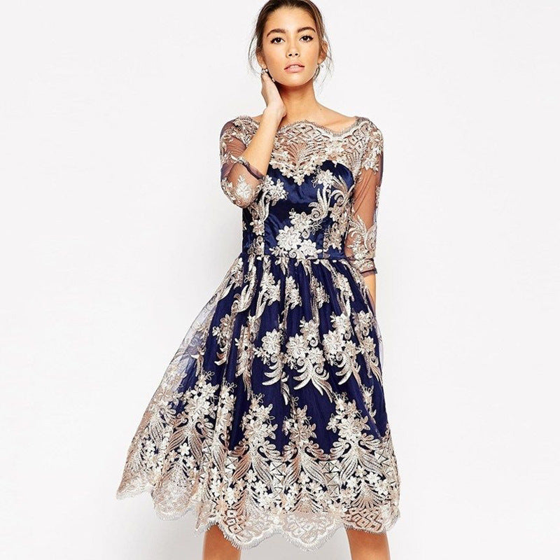 Embroidered Lace Dress Vintage Puff Gown - - dress