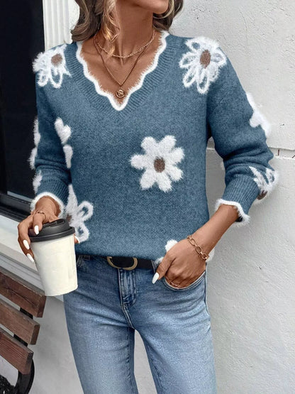 Floral V-Neck Long Sleeve Sweater - Blue -