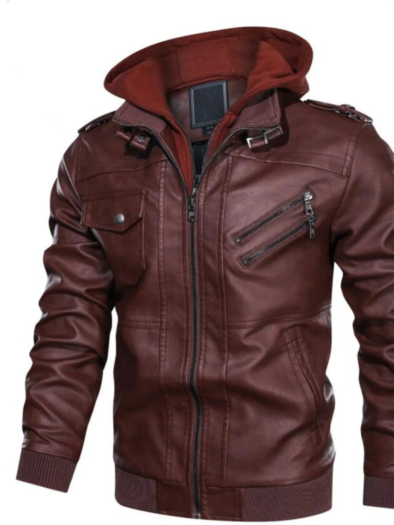 Men's Full Size Vintage Hooded Leather Jacket Plus Size - Red -