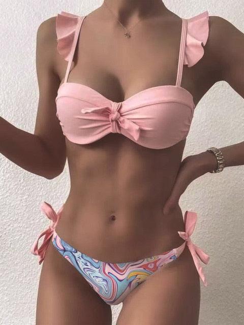 Beautiful Floral Push Up Women Bikini Push Up Bathing Suits Tie Knot Cute Ruffle Two Piece Swimsuits Swimsuit Female Swimwear Bra Cup Bikini Set High Cut Bathing Suit For Summer - Baby pink - STBK234XSE