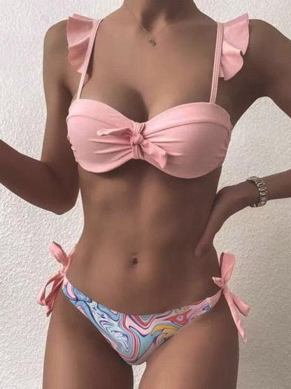 Beautiful Floral Push Up Women Bikini Push Up Bathing Suits Tie Knot Cute Ruffle Two Piece Swimsuits Swimsuit Female Swimwear Bra Cup Bikini Set High Cut Bathing Suit For Summer - Baby pink - STBK234XSE