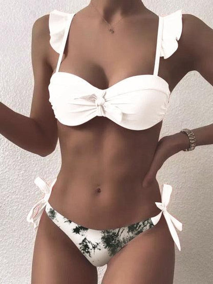 Beautiful Floral Push Up Women Bikini Push Up Bathing Suits Tie Knot Cute Ruffle Two Piece Swimsuits Swimsuit Female Swimwear Bra Cup Bikini Set High Cut Bathing Suit For Summer - White - STBK234XSE