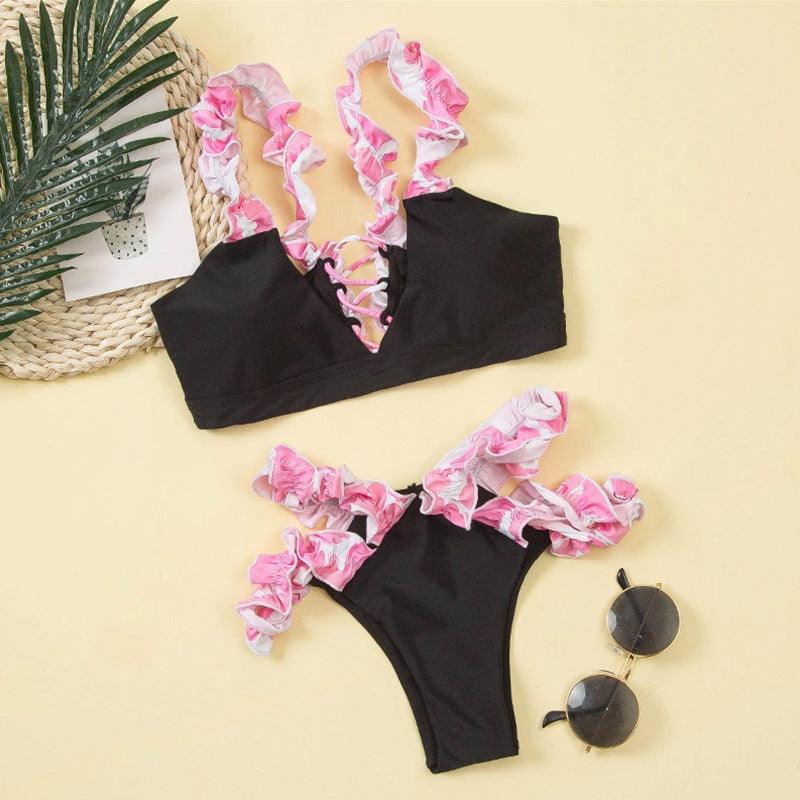 Beautiful Floral Push Up Women Bikini Push Up Bathing Suits Tie Knot Cute Ruffle Two Piece Swimsuits Swimsuit Female Swimwear Bra Cup Bikini Set High Cut Bathing Suit For Summer - - STBK234XSE
