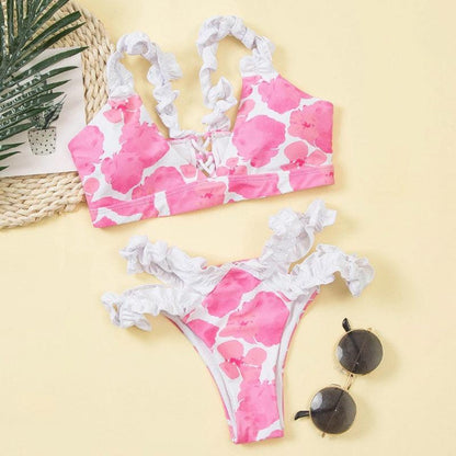 Beautiful Floral Push Up Women Bikini Push Up Bathing Suits Tie Knot Cute Ruffle Two Piece Swimsuits Swimsuit Female Swimwear Bra Cup Bikini Set High Cut Bathing Suit For Summer - - STBK234XSE