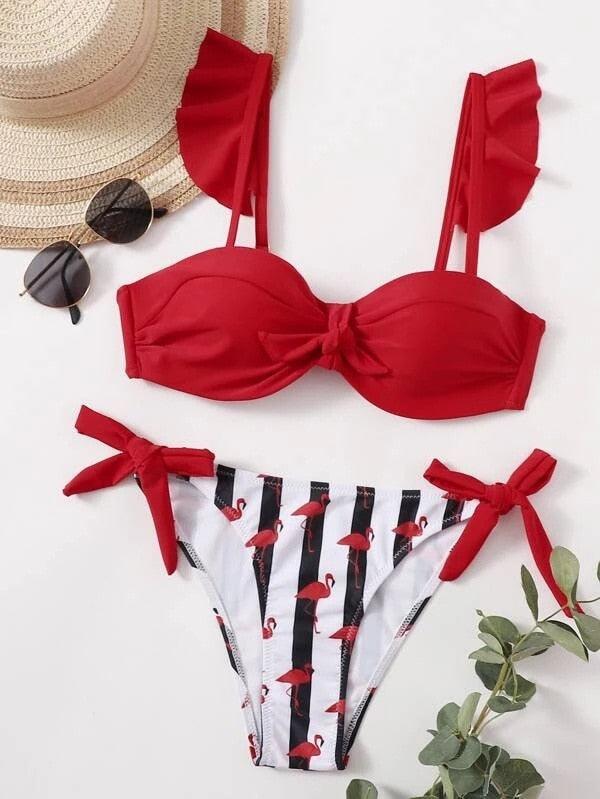 Beautiful Floral Push Up Women Bikini Push Up Bathing Suits Tie Knot Cute Ruffle Two Piece Swimsuits Swimsuit Female Swimwear Bra Cup Bikini Set High Cut Bathing Suit For Summer - - STBK234XSE