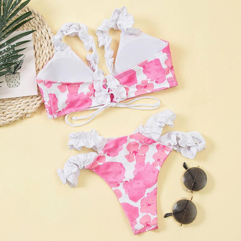 Beautiful Floral Push Up Women Bikini Push Up Bathing Suits Tie Knot Cute Ruffle Two Piece Swimsuits Swimsuit Female Swimwear Bra Cup Bikini Set High Cut Bathing Suit For Summer - - STBK234XSE