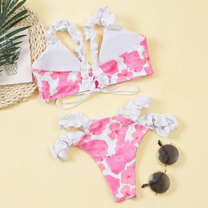 Beautiful Floral Push Up Women Bikini Push Up Bathing Suits Tie Knot Cute Ruffle Two Piece Swimsuits Swimsuit Female Swimwear Bra Cup Bikini Set High Cut Bathing Suit For Summer - - STBK234XSE