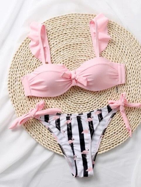 Beautiful Floral Push Up Women Bikini Push Up Bathing Suits Tie Knot Cute Ruffle Two Piece Swimsuits Swimsuit Female Swimwear Bra Cup Bikini Set High Cut Bathing Suit For Summer - Pink - STBK234XSE