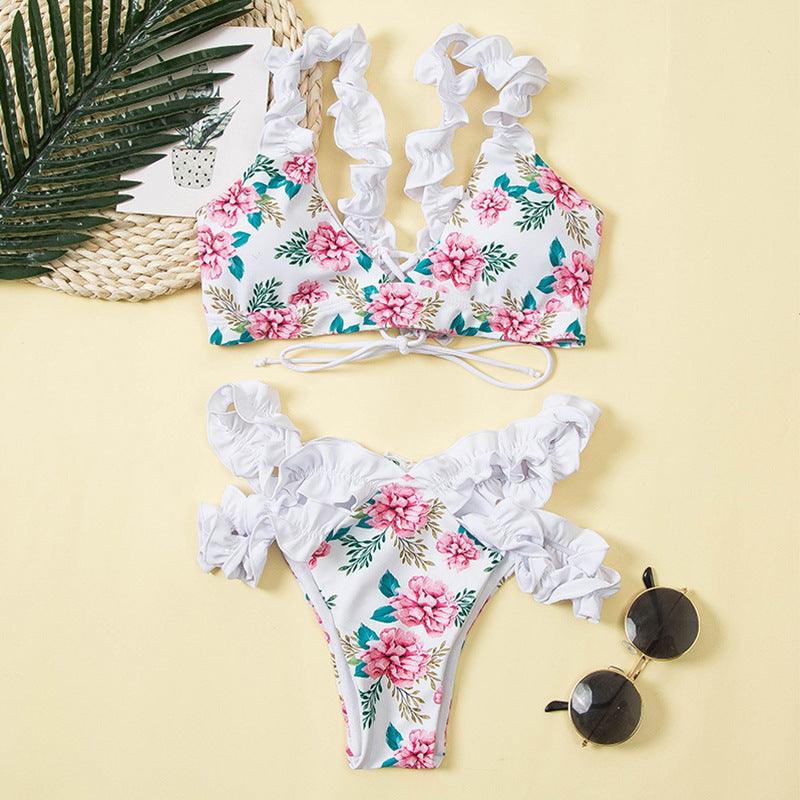 Beautiful Floral Push Up Women Bikini Push Up Bathing Suits Tie Knot Cute Ruffle Two Piece Swimsuits Swimsuit Female Swimwear Bra Cup Bikini Set High Cut Bathing Suit For Summer - - STBK234XSE