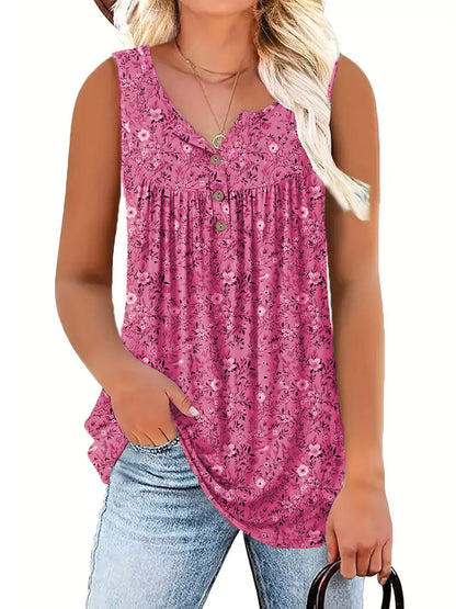 Full Size Floral Print Button Detail Tank Plus Size- Shopimist- {{Product type}}