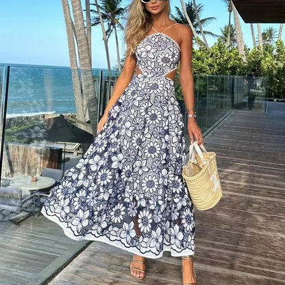 Vintage Long Print Dress Strapless Dress for Women