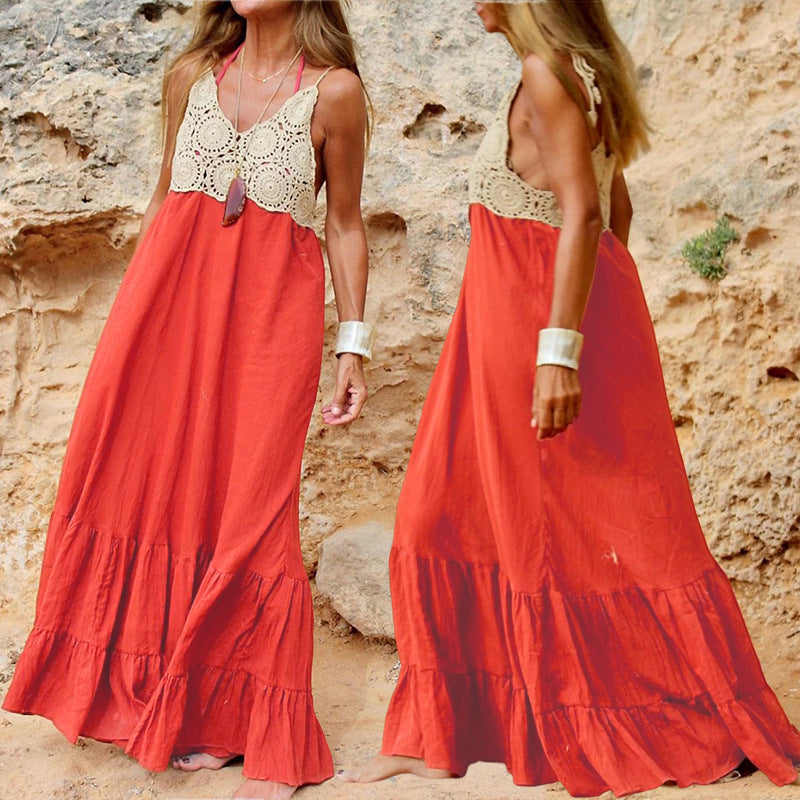 Chic Orange V-neck Halter Gown - - dress