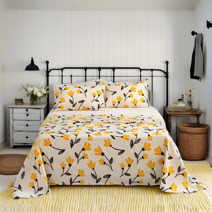 DaDa Bedding Yellow Fleur Golden Orange Floral Ivory Fitted & Flat Bed Sheets Set (18112)- DaDalogy Bedding Collection- {{Product type}}
