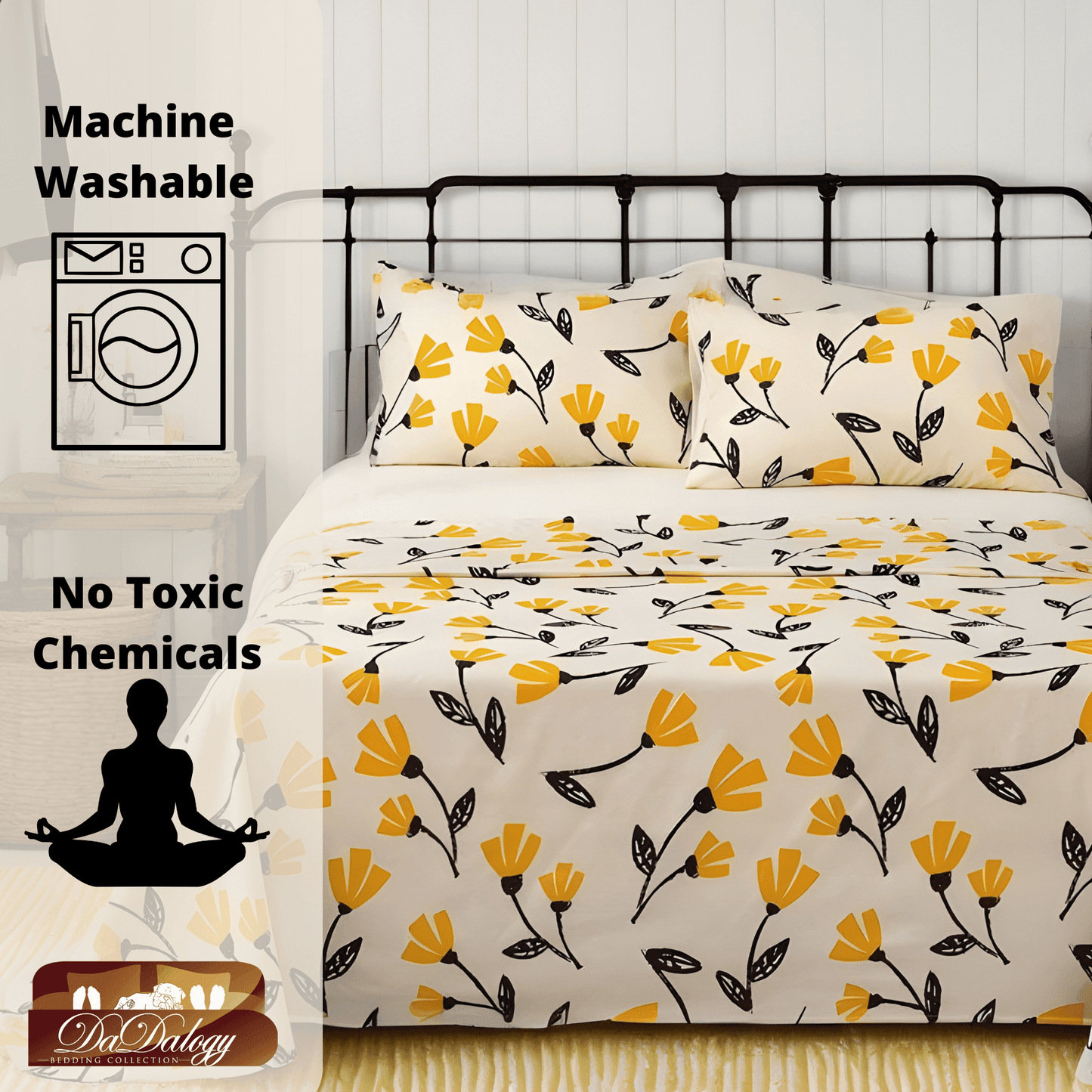 DaDa Bedding Yellow Fleur Golden Orange Floral Ivory Fitted & Flat Bed Sheets Set (18112)- DaDalogy Bedding Collection- {{Product type}}