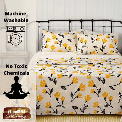 DaDa Bedding Yellow Fleur Golden Orange Floral Ivory Fitted & Flat Bed Sheets Set (18112)- DaDalogy Bedding Collection- {{Product type}}