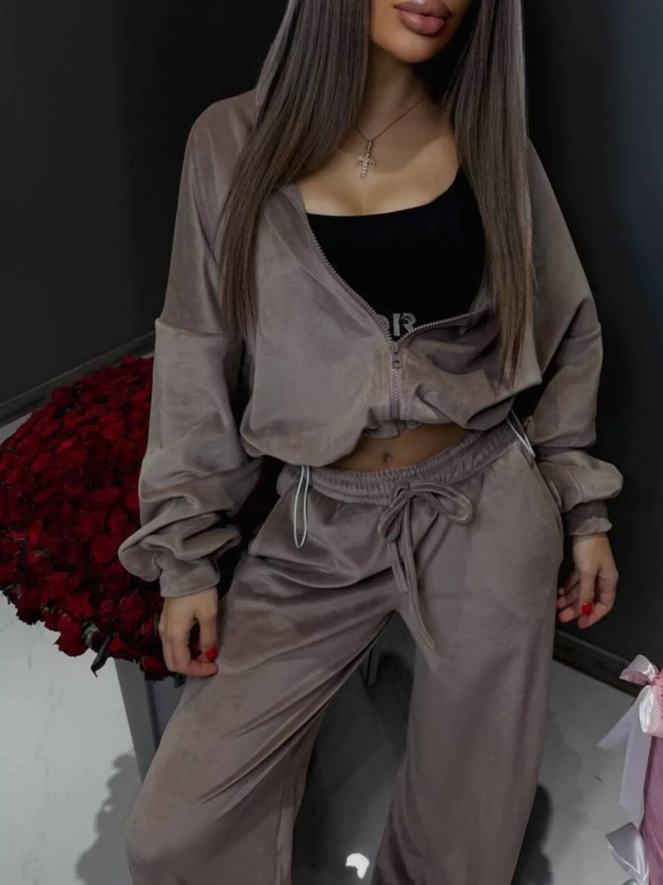 Zip Up Cropped Outerwear and Pants Set - -
