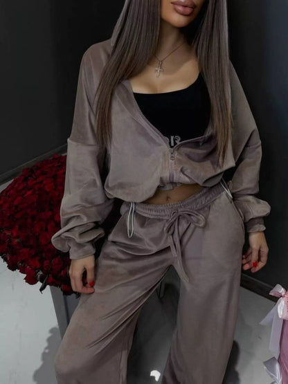 Zip Up Cropped Outerwear and Pants Set - -