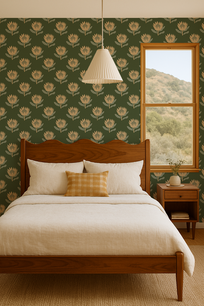 King Protea Wallpaper, forest green and butter yellow- Samantha Santana Creative- {{Product type}}