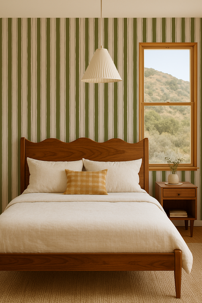 Riviera Stripe Wallpaper, off-white and olive green- Samantha Santana Creative- {{Product type}}