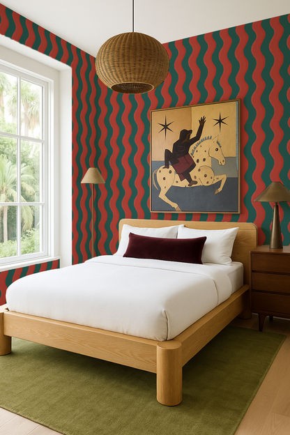 Ziggy Stripe Wallpaper, dark teal and brick red- Samantha Santana Creative- {{Product type}}