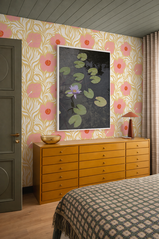 Matilija Wallpaper Butter Yellow, Pink and White - - Wallpaper