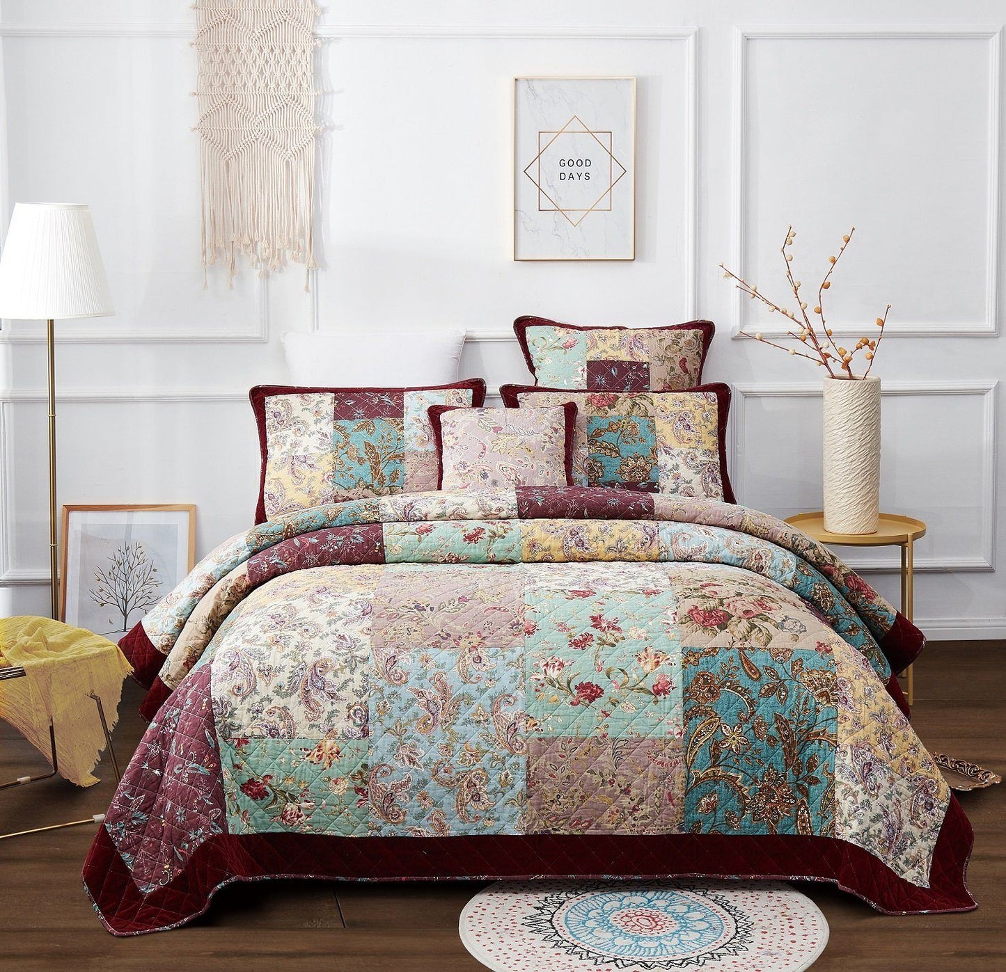 DaDa Bedding Bohemian Burgundy Red Velvet Trim Floral Paisley Patchwork Cotton Bedspread Set (JHW-868)- DaDalogy Bedding Collection- {{Product type}}