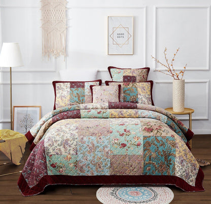DaDa Bedding Bohemian Burgundy Red Velvet Trim Floral Paisley Patchwork Cotton Bedspread Set (JHW-868)- DaDalogy Bedding Collection- {{Product type}}