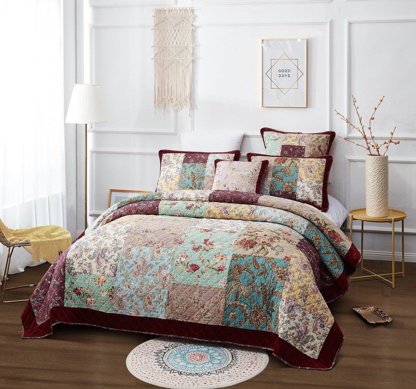 DaDa Bedding Bohemian Burgundy Red Velvet Trim Floral Paisley Patchwork Cotton Bedspread Set (JHW-868)- DaDalogy Bedding Collection- {{Product type}}