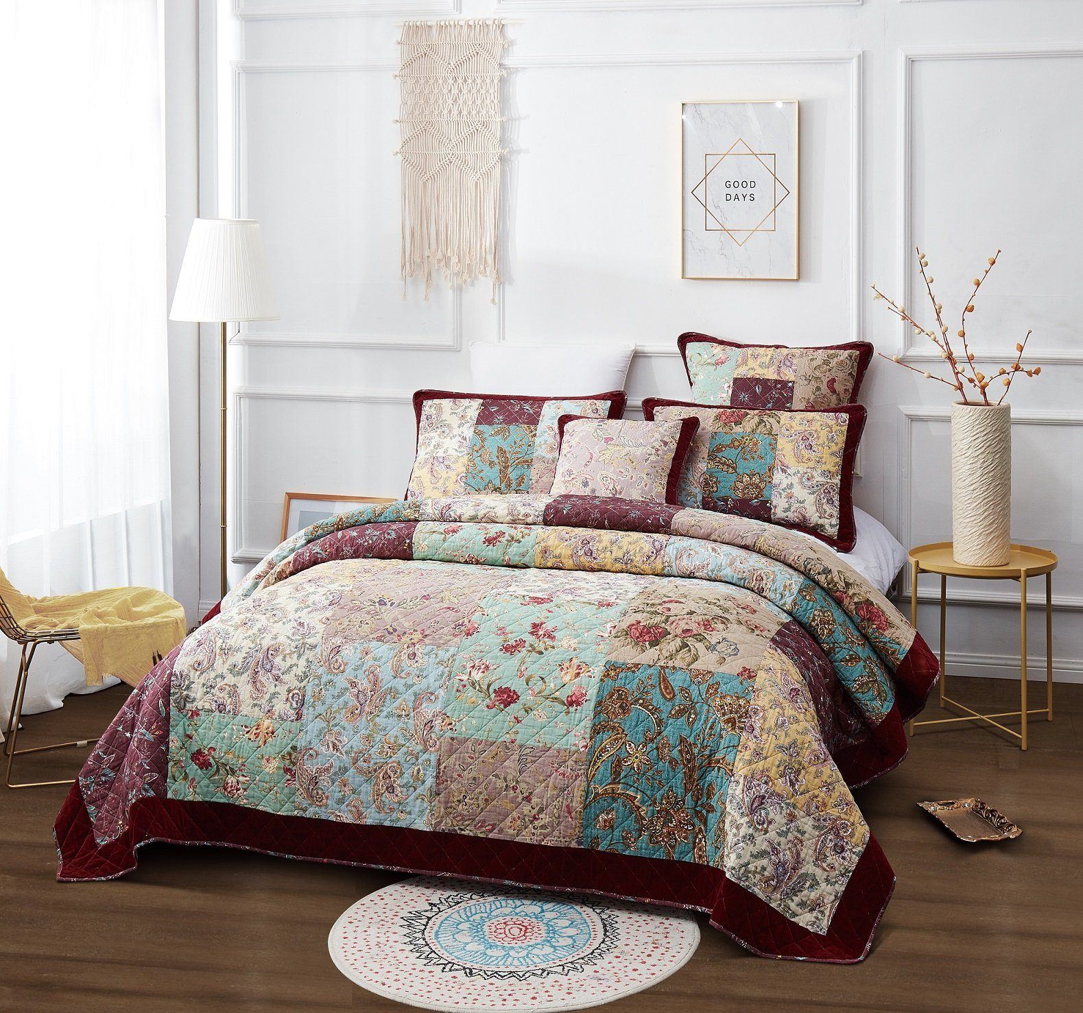 DaDa Bedding Bohemian Burgundy Red Velvet Trim Floral Paisley Patchwork Cotton Bedspread Set (JHW-868)- DaDalogy Bedding Collection- {{Product type}}