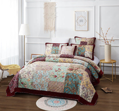 DaDa Bedding Bohemian Burgundy Red Velvet Trim Floral Paisley Patchwork Cotton Bedspread Set (JHW-868)- DaDalogy Bedding Collection- {{Product type}}