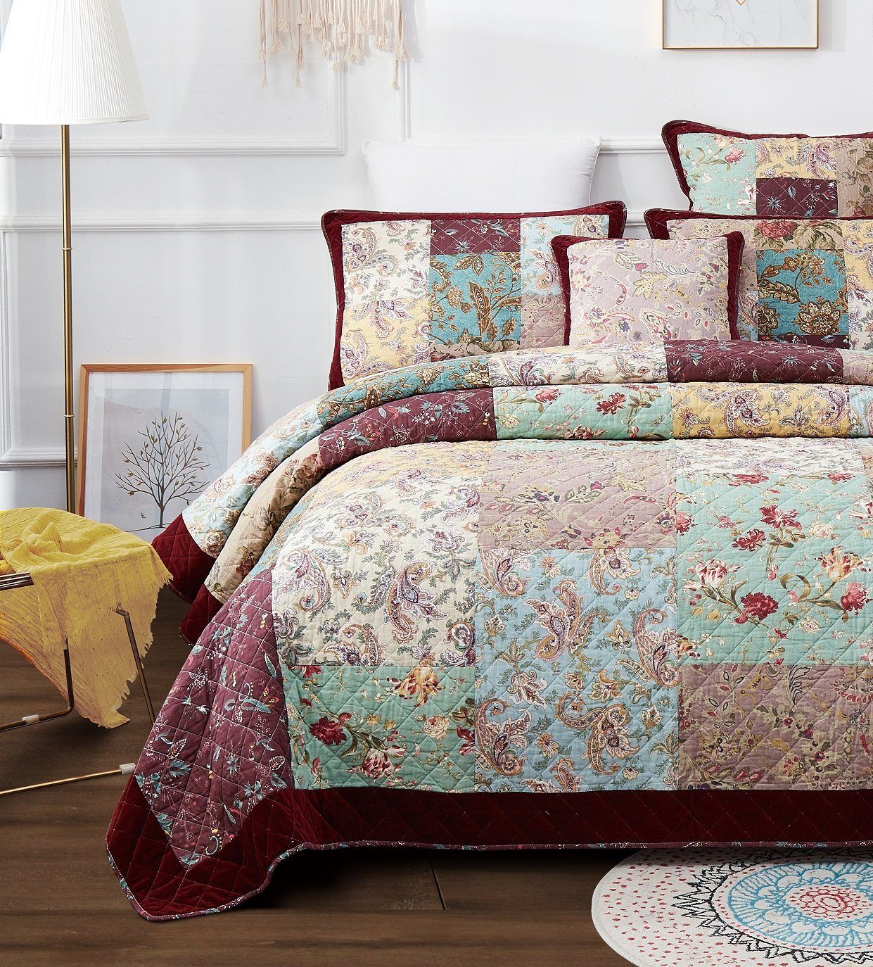 DaDa Bedding Bohemian Burgundy Red Velvet Trim Floral Paisley Patchwork Cotton Bedspread Set (JHW-868)- DaDalogy Bedding Collection- {{Product type}}