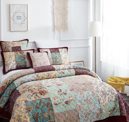 DaDa Bedding Bohemian Burgundy Red Velvet Trim Floral Paisley Patchwork Cotton Bedspread Set (JHW-868)- DaDalogy Bedding Collection- {{Product type}}