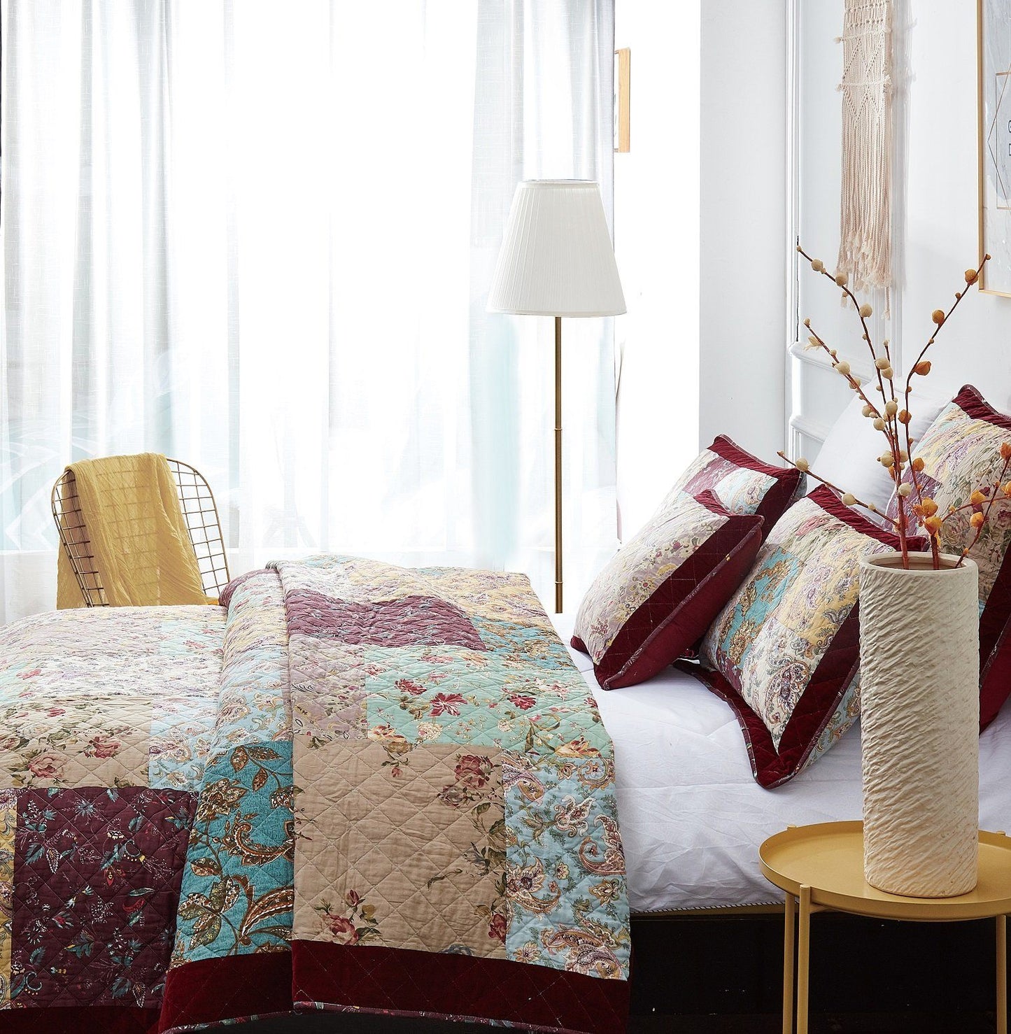DaDa Bedding Bohemian Burgundy Red Velvet Trim Floral Paisley Patchwork Cotton Bedspread Set (JHW-868)- DaDalogy Bedding Collection- {{Product type}}