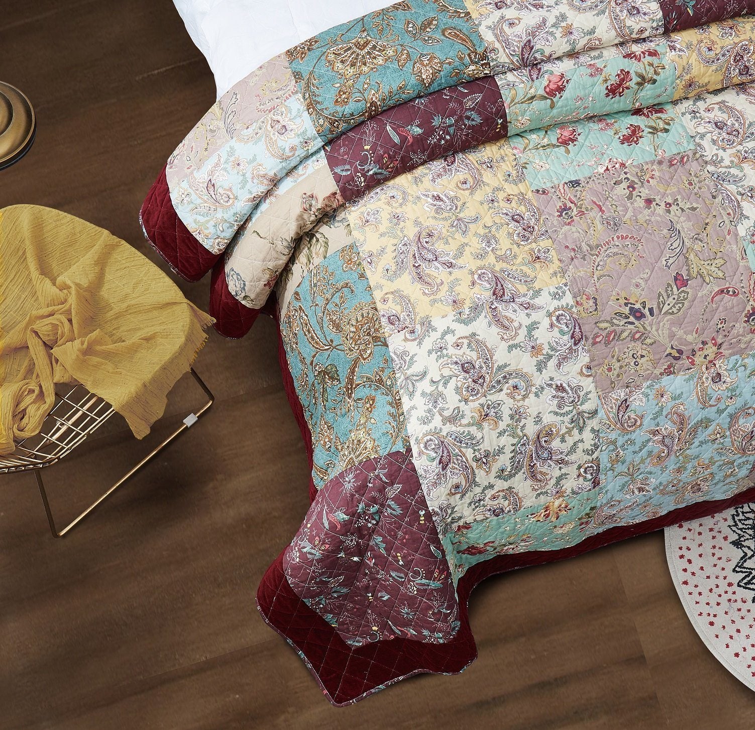 DaDa Bedding Bohemian Burgundy Red Velvet Trim Floral Paisley Patchwork Cotton Bedspread Set (JHW-868)- DaDalogy Bedding Collection- {{Product type}}
