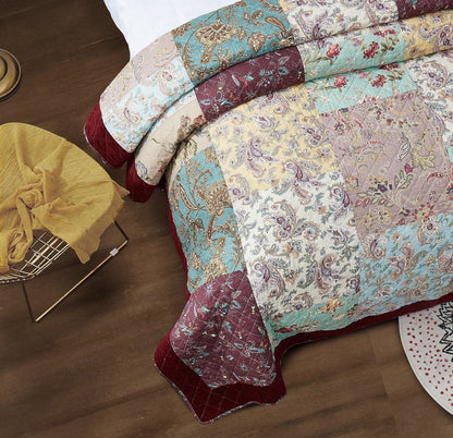 DaDa Bedding Bohemian Burgundy Red Velvet Trim Floral Paisley Patchwork Cotton Bedspread Set (JHW-868)- DaDalogy Bedding Collection- {{Product type}}