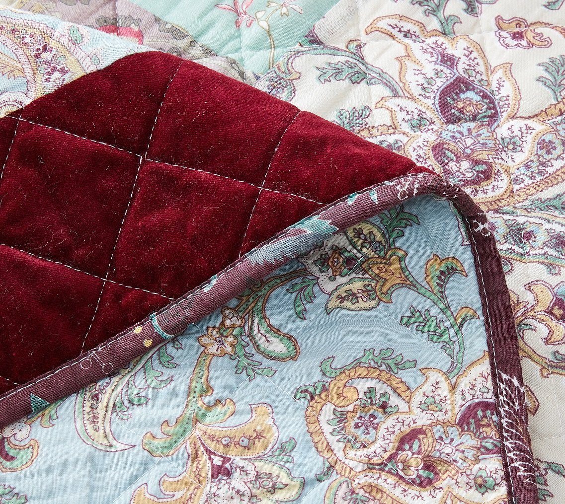 DaDa Bedding Bohemian Burgundy Red Velvet Trim Floral Paisley Patchwork Cotton Bedspread Set (JHW-868)- DaDalogy Bedding Collection- {{Product type}}