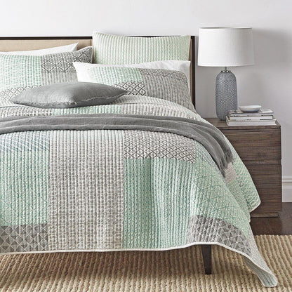DaDa Bedding Contemporary Mint Green Grey Geometric Cotton Quilted Bedspread Set (JHW-804) - - Bedspreads