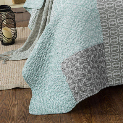 DaDa Bedding Contemporary Mint Green Grey Geometric Cotton Quilted Bedspread Set (JHW-804) - - Bedspreads